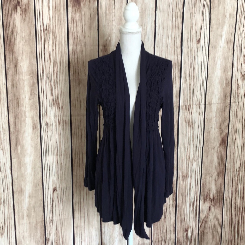 Peck & Peck Plum Ruffled Open-front Cardigan Small